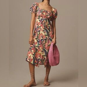 NWT Farm Rio Anthropologie Puff-Sleeve Sweetheart Linen Midi Dress in Yellow